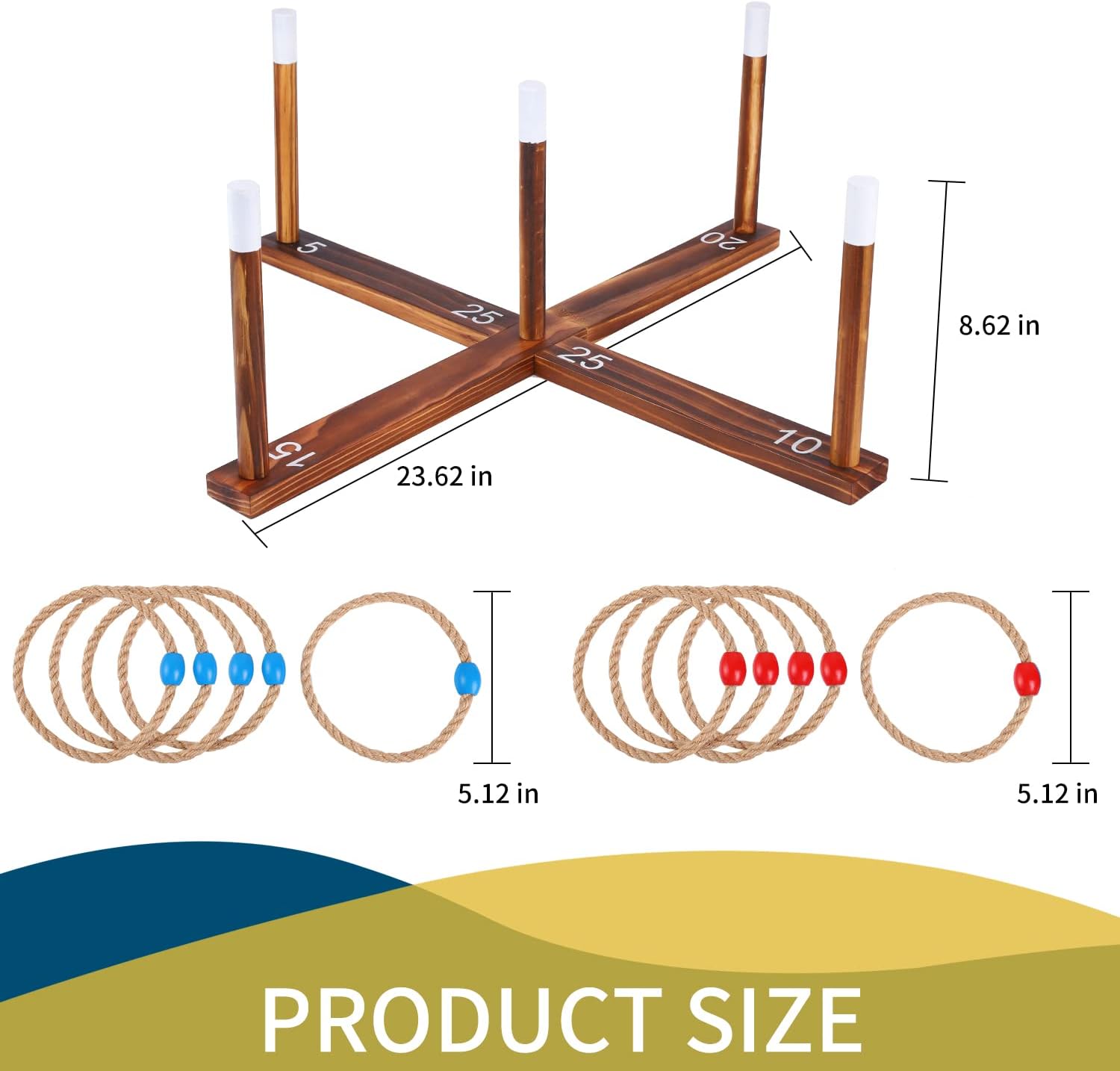 Dippyy Large Ring Toss Game for Kids - Outside Games for Kids 8-12 - Family Games for Kids and Adults - Wooden Backyard Games for Family with 10 Ropes Indoor Outdoor, Toys Gifts for Boys and Girls