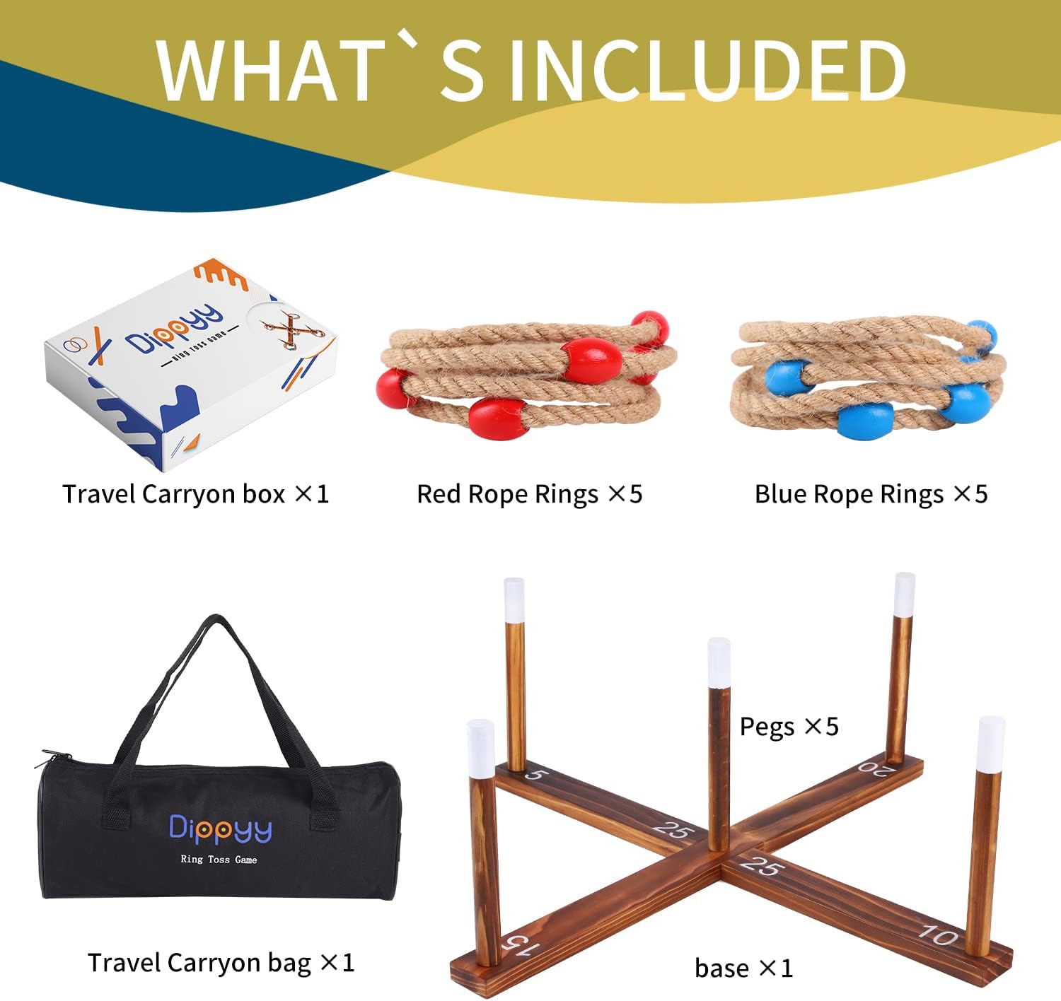 Dippyy Large Ring Toss Game for Kids - Outside Games for Kids 8-12 - Family Games for Kids and Adults - Wooden Backyard Games for Family with 10 Ropes Indoor Outdoor, Toys Gifts for Boys and Girls