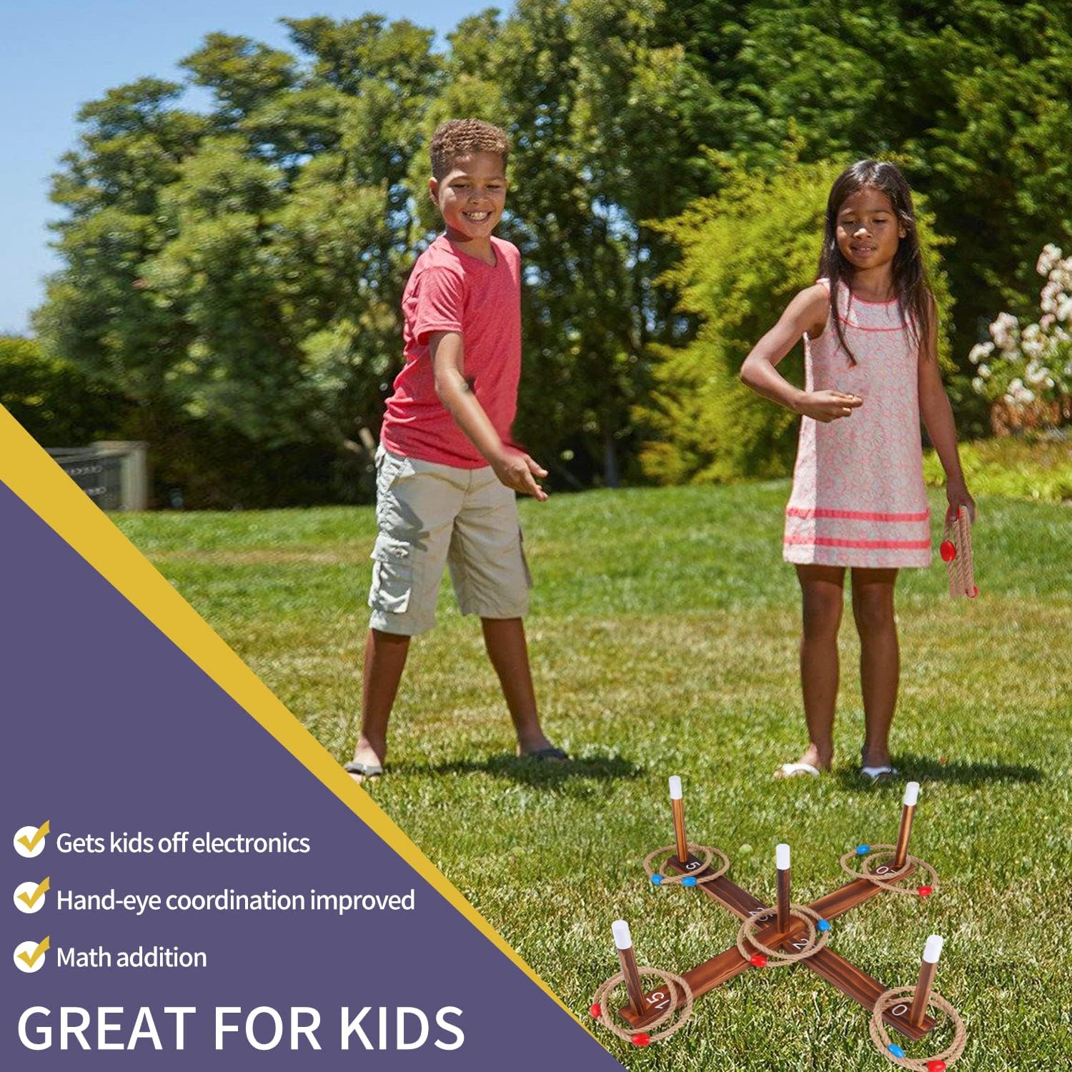 Dippyy Large Ring Toss Game for Kids - Outside Games for Kids 8-12 - Family Games for Kids and Adults - Wooden Backyard Games for Family with 10 Ropes Indoor Outdoor, Toys Gifts for Boys and Girls