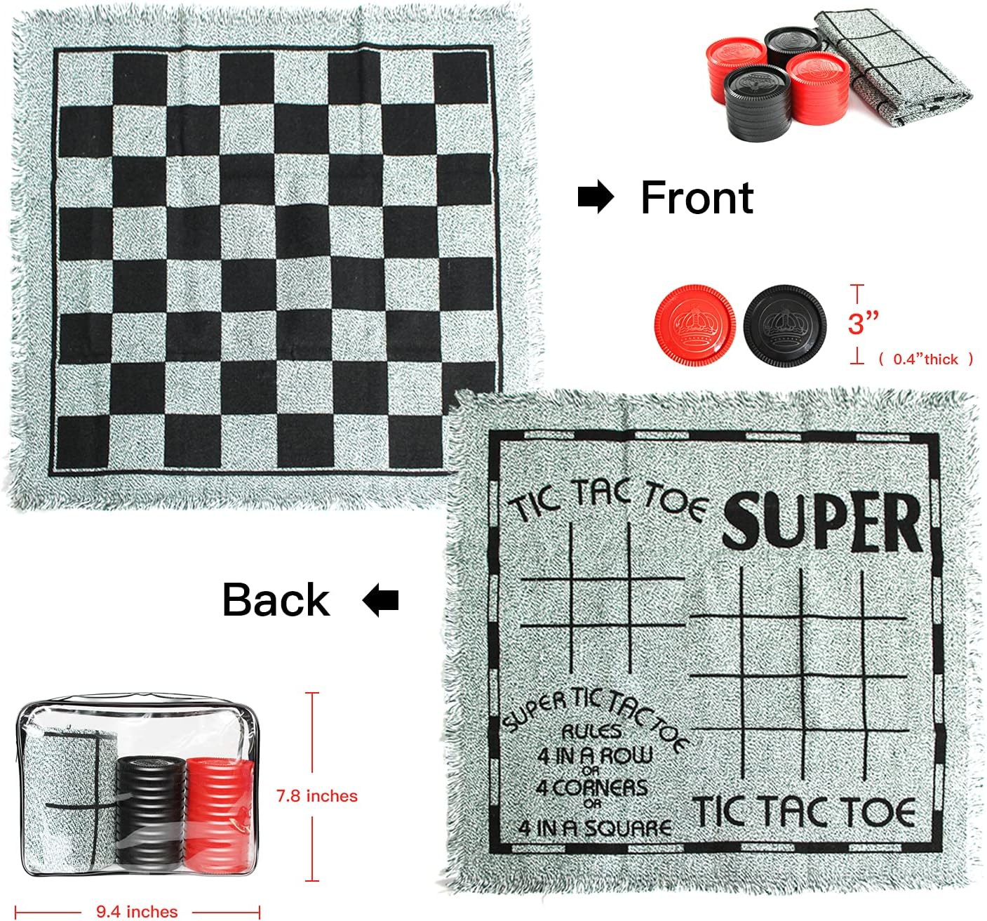 Giant Checkers Set - 3 in 1 Tic Tac Toe Game Board for Adults and Kids with 24 Checker Pieces Reversible Rug - Indoor and Outdoor Games for Family and Party - Gift for Kids (Grey) Giant Checkers Set - 3 in 1 Tic Tac Toe Game Board for Adults and Kids with 24 Checker Pieces Reversible Rug - Indoor and Outdoor Games for Family and Party - Gift for Kids (Grey)