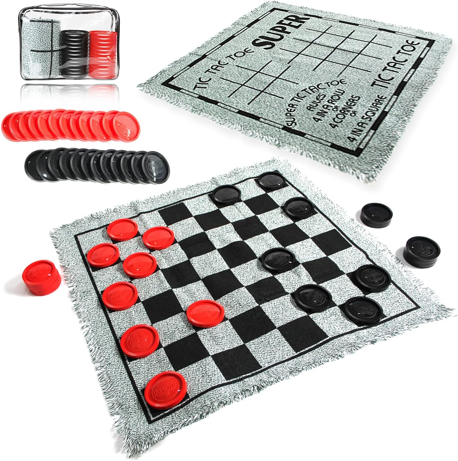 Giant Checkers Set - 3 in 1 Tic Tac Toe Game Board for Adults and Kids with 24 Checker Pieces Reversible Rug - Indoor and Outdoor Games for Family and Party - Gift for Kids (Grey) Giant Checkers Set - 3 in 1 Tic Tac Toe Game Board for Adults and Kids with 24 Checker Pieces Reversible Rug - Indoor and Outdoor Games for Family and Party - Gift for Kids (Grey)