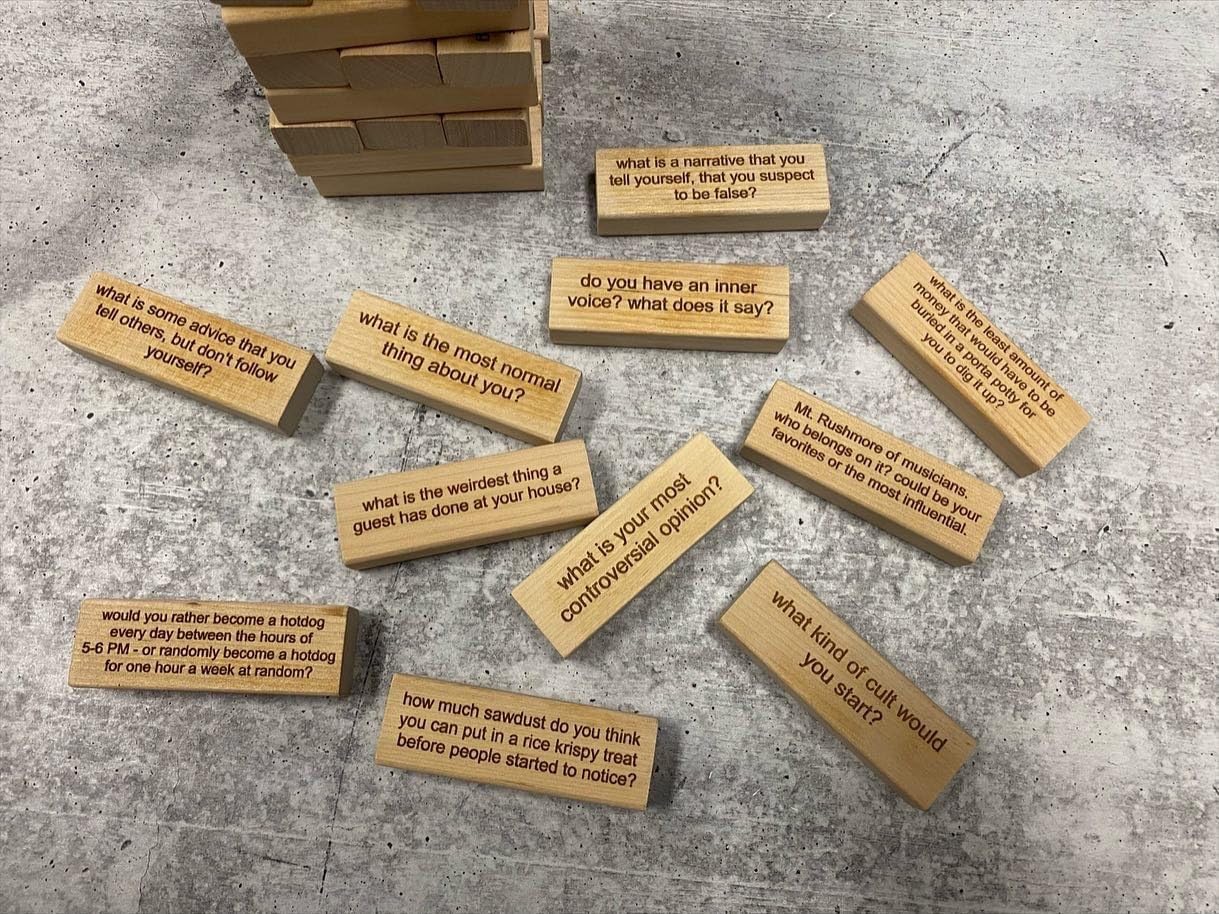 SAKEMA 54 Pieces Questions Tumbling Tower Game, Giant Wood Stacking Game with Scoreboard, Ice Breaker Questions Tumbling Tower Game, Family Party Game for Kids Adults Family SAKEMA 54 Pieces Questions Tumbling Tower Game, Giant Wood Stacking Game with Scoreboard, Ice Breaker Questions Tumbling Tower Game, Family Party Game for Kids Adults Family