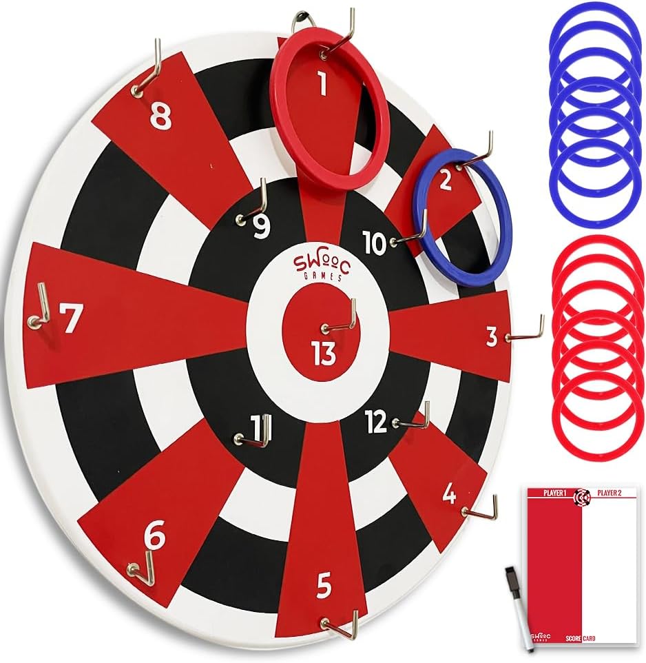 SWOOC Games ‒ Hook Darts Ring Toss Game ‒ Wood Board Soft Rings ‒ 20+ Games Included for Kids Adults ‒ Wall Mount Games ‒ Ring and Hook Game ‒ Ring Game ‒ Wall Games for Game Room, Patio, Garage