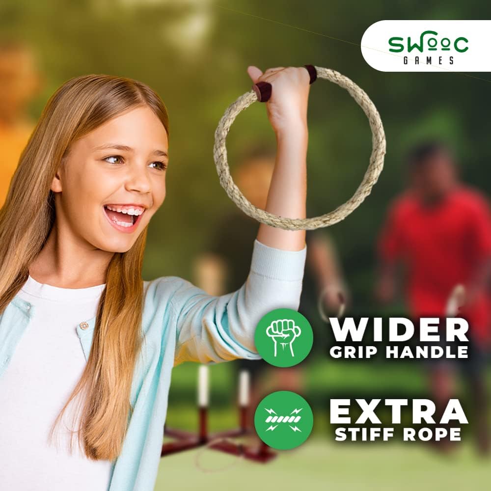 SWOOC Games - Rustic Ring Toss Outdoor Game (All Weather) - 15+ Games Included - Vintage Wood Rope Ring Toss Yard Game with Wide Grip Handles and Carrying Case - Yard Toss Game for Kids Family