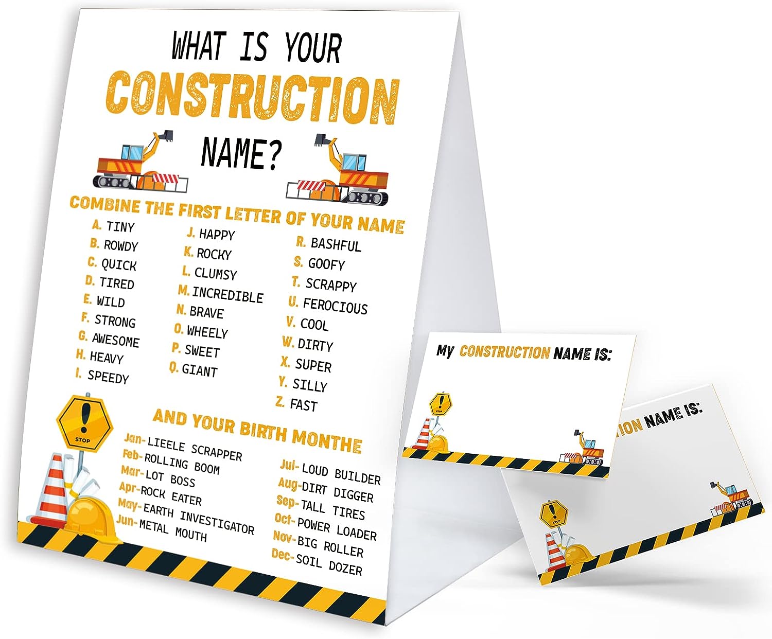 Whats Your Construction Name Game Sign with Name Tag Stickers for Baby Shower, Baby Shower Decorations, Birthday Party, Baby Shower Games Fun for Adults Kids Family Class Office Activity PTWYN17 Whats Your Construction Name Game Sign with Name Tag Stickers for Baby Shower, Baby Shower Decorations, Birthday Party, Baby Shower Games Fun for Adults Kids Family Class Office Activity PTWYN17